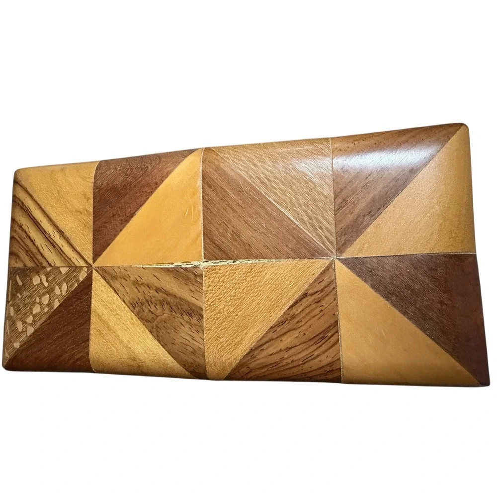 Boho Marquetry Wood Inlay Trinket Box Brown Geometric Parquetry Lined